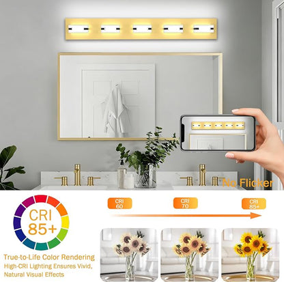 LED Gold Bathroom Light Fixtures , 5-Light 5700K Modern Vanity Lights | NOVELUX LED Gold Bathroom Light Fixtures, 5-Light Modern Vanity Lights , ETL Listed, 35W (Cool White 5700K)