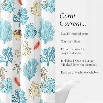 Lush Decor Coastal Reef Feather Shower Curtain, 72" W x 72" L, Blue & Coral - Coastal Shower Curtain - Fabric Curtains - Ocean Bathroom Decor - Beach House - Beachy Room