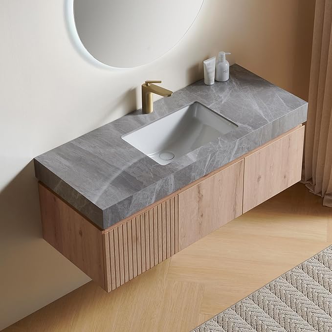 48” Floating Bathroom Vanity with Sink, Wall-Mounted Cabinet with Drawer & Doors, Gray Travertine-Pattern Sintered Stone Top, Undermount Basin, Single Faucet Hole, Soft-Close, Pre-Assembled, Light Oak