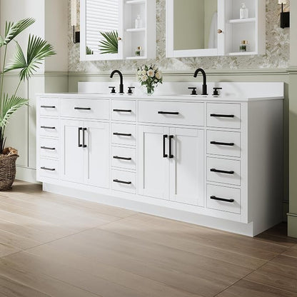 84-Inch Bathroom Vanity with Double Sinks W/ 4 Doors & 12 Drawers & 2 Flip Drawers, White Vanity W/Matte Black Handles
