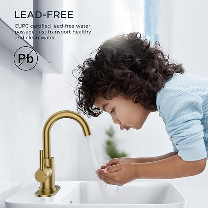 FORIOUS Brushed Gold Bathroom Faucet 1 Hole Single Handle 360° Swivel Gooseneck Spout, with Metal Pop Up Drain and cUPC Supply Line, Suitable for Wet Bar Kitchen RV Vanity Restroom