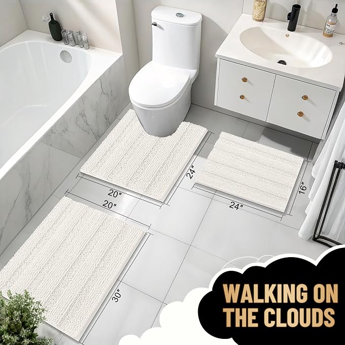 OLANLY Thick Large Bathroom Rugs 59x35, Soft Chenille Bath Rugs, Ivory | Absorbent Striped, Rubber Backing, Machine Wash Dry, Bath Mats for Bathroom Floor, Tub and Shower, Home Decor Accessories