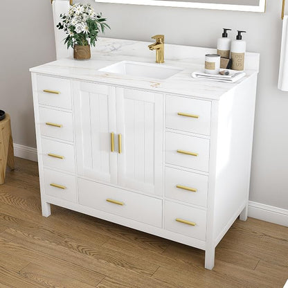 42 Inch Bathroom Vanity with Sink&Countertop,Calacatta Gold Sintered Stone Vanity Top with Sink&Backsplash,White Bathroom Cabinet Set with 2 Doors and 9 Drawer(Single Hole)