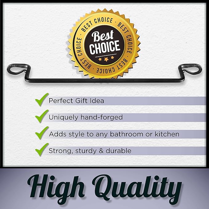 Stur-De Wrought Iron Towel Holder - Rustic Towel Rack for Bathroom or Kitchen, Wall-Mount Black Iron Towel Bar for Bath Towels - Decorative Black Towel Bar for Farmhouse-Style Home - 21 x 3 x 2 Inches