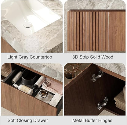Ambrovina 30" Floating Bathroom Vanity with Sink, Modern Plywood Storage Cabinet with Drawer and Door, Light Gray Sintered Stone Countertop and 3 Pre-drilled Faucet Holes Ceramic Basin, Dark Oak