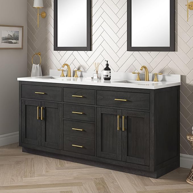OVE Decors Bailey 72 in. Double Sink Freestanding Matte Black Wood Bathroom Vanity with White Quartz Top, Matching Backsplash and Power Bar