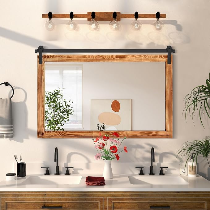 COGOOD Farmhouse Bathroom Mirrors for Over Sink - 30 x 45 Brown | Rustic Barn Door Wood Framed Vanity Mirror for Entryway, Living Room, Bedroom, Dresser Wall Decor