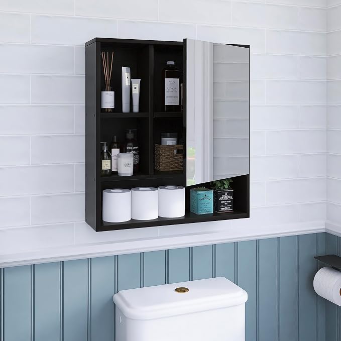 SMIBUY Bathroom Mirror Cabinet Wall Mounted, Bamboo Space Saver Medicine Cabinet, Wall Hanging Over Toilet Storage Cabinet with Mirror Door and Adjustable Shelf (Black)