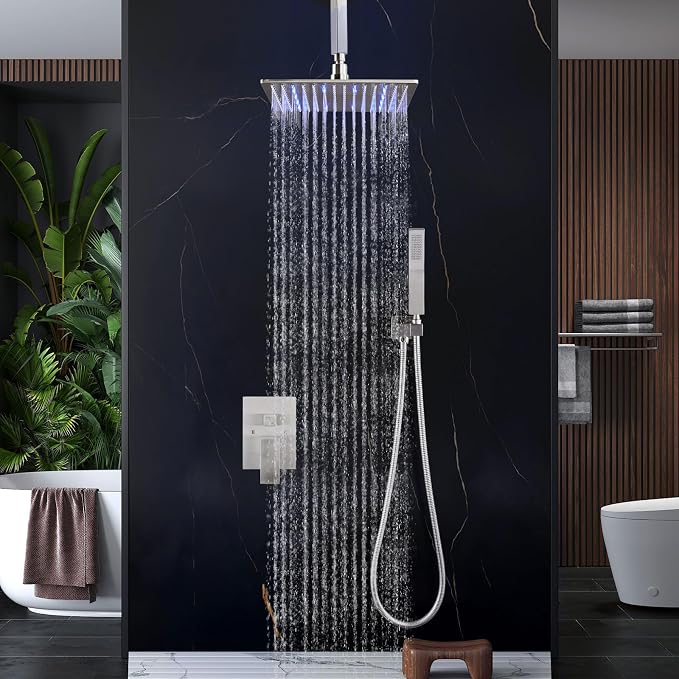 Aolemi Ceiling Shower Faucet Set with Handheld 12" LED Head Brushed Nickel | Handheld Spray,12 Inch Rain LED Head,Shower Valve and Trim Kit,All Metal,Ceiling System,Bathroom Mixer