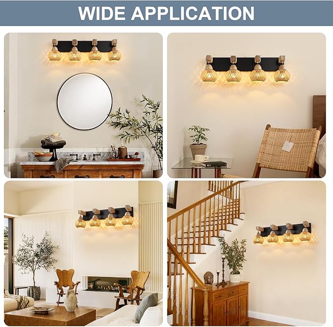 Farmhouse Bathroom Light Fixture, 4-Light Boho Vanity Light, Bamboo Bathroom Light Fixture Over Mirror Rustic Vanity Lighting with Handmade Bamboo Shades, Suit for Restroom, Bedroom, Hallway