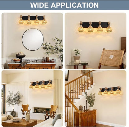 Farmhouse Bathroom Light Fixture, 4-Light Boho Vanity Light, Bamboo Bathroom Light Fixture Over Mirror Rustic Vanity Lighting with Handmade Bamboo Shades, Suit for Restroom, Bedroom, Hallway