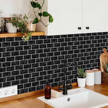 10 Sheets Thicker Design Peel and Stick Backsplash, 12"x12" Peel and Stick Wall Tiles, Subway Look Marble Tiles Backsplash for Kitchen and Bathroom, Black Marquina