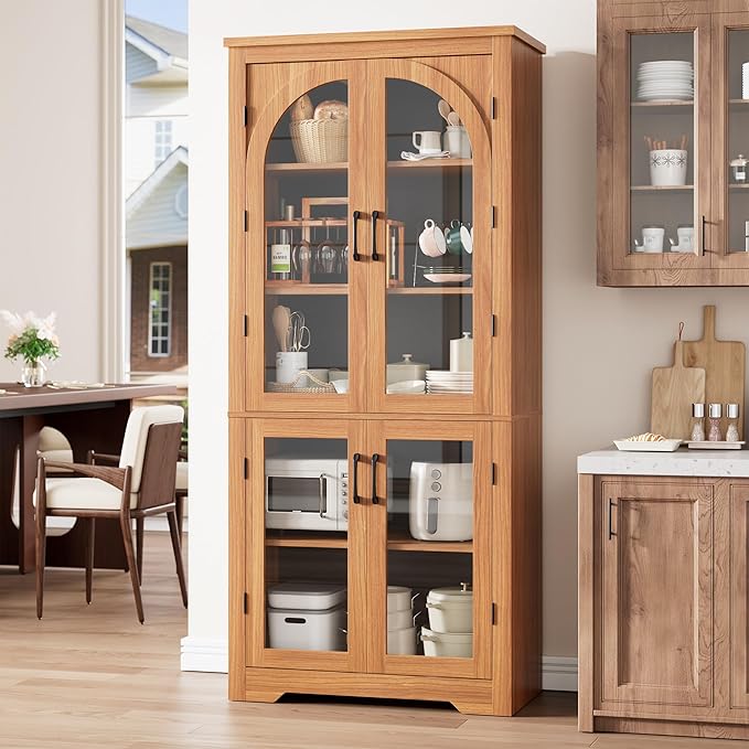 Garvee 70" Tall Kitchen Pantry Cabinet - Modern Display Cabinet with 4 Arched Glass Doors and Adjustable Shelves, Versatile Cupboard Organizers for Kitchen, Dining Room, Living Room, Bathroom, Walnut