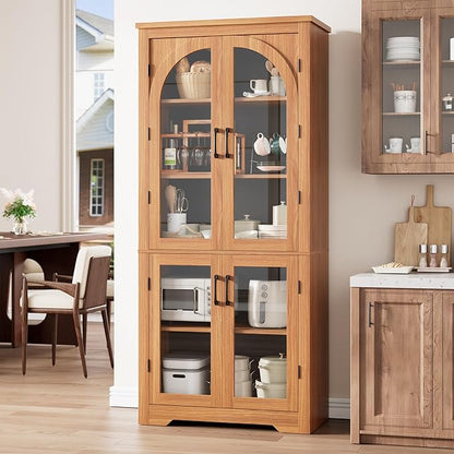 Garvee 70" Tall Kitchen Pantry Cabinet - Modern Display Cabinet with 4 Arched Glass Doors and Adjustable Shelves, Versatile Cupboard Organizers for Kitchen, Dining Room, Living Room, Bathroom, Walnut