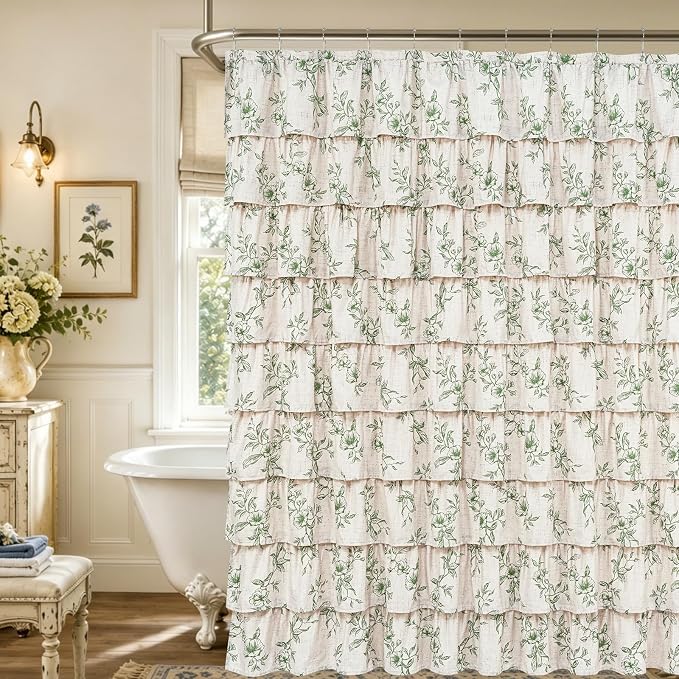 Extra Long Farmhouse Ruffle Shower Curtains with Green Floral, 72"Wx90"L | French Country Vintage Rustic Washable Waterproof Shower Curtain for Bathroom Bathtub, 12 Metal Hooks