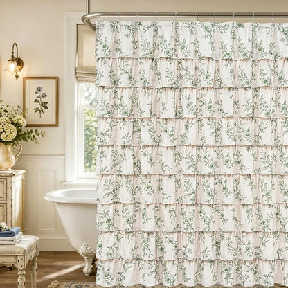 Extra Long Farmhouse Ruffle Shower Curtains with Green Floral, 72"Wx90"L | French Country Vintage Rustic Washable Waterproof Shower Curtain for Bathroom Bathtub, 12 Metal Hooks