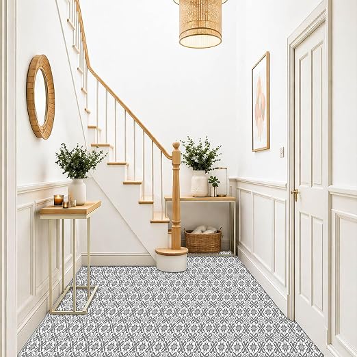 Gray White Floral Geometric Peel and Stick Floor Tiles 12x12 Inch 10PCS | Gray and white floral geometric pattern vinyl floor stickers for kitchen bathroom entryway and indoor home decor
