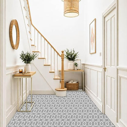 Gray White Floral Geometric Peel and Stick Floor Tiles 12x12 Inch 10PCS | Gray and white floral geometric pattern vinyl floor stickers for kitchen bathroom entryway and indoor home decor