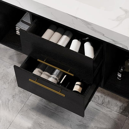 40" Bathroom Vanity with Sink Set, Modern Black Wall Mounted Bathroom Vanity Cabinet with Sintered Stone Top&Gold Handle 2 Drawers&2 Open Storage, Single Sink Floating Bathroom Vanity