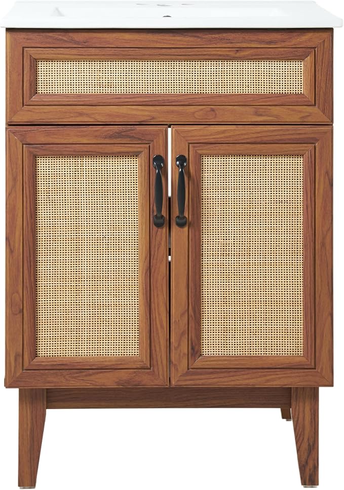 JONATHAN Y Javer Bohemian Rattan Freestanding Bath Vanity, 24", Walnut | 18" Deep, 33" High, 2 Soft-Close Doors, Caned Paneling, 2-Shelf Storage, Basin Not Included, Modern Farmhouse Style