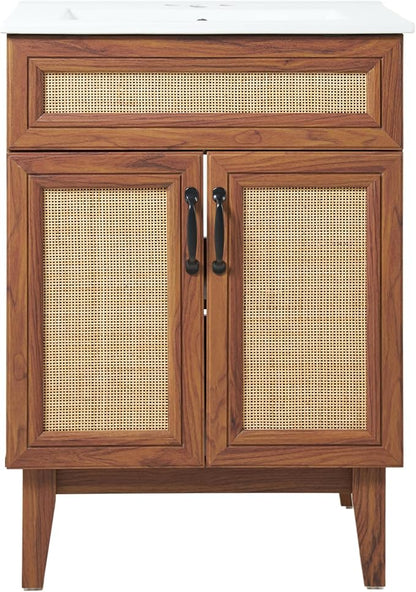 JONATHAN Y Javer Bohemian Rattan Freestanding Bath Vanity, 24", Walnut | 18" Deep, 33" High, 2 Soft-Close Doors, Caned Paneling, 2-Shelf Storage, Basin Not Included, Modern Farmhouse Style