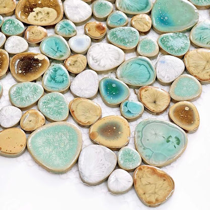 Turquoise Ceramic Pebble Mosaic Tile Sheet Shower Floor Backsplash 5 Sq Ft | Crystal Glazed Porcelain, River Stone Look, Water Resistant for Bathroom Decor, Fireplace Surround and Accent Walls