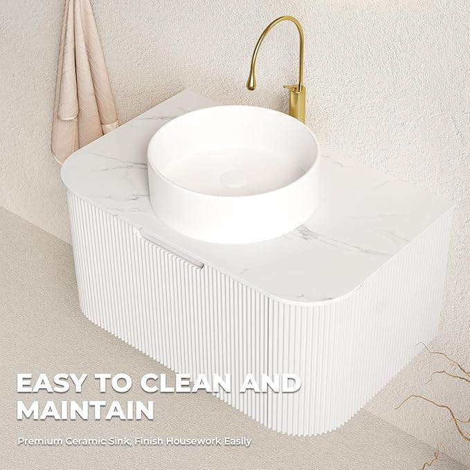 LKTART 30 Inch Floating Bathroom Vanity with Sink, Modern Wall Mounted Bathroom Storage Cabinet with Drawer, Round White Ceramic Sink Top and Marble Texture Top, White