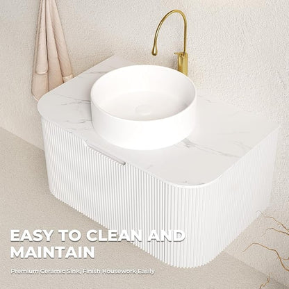 LKTART 30 Inch Floating Bathroom Vanity with Sink, Modern Wall Mounted Bathroom Storage Cabinet with Drawer, Round White Ceramic Sink Top and Marble Texture Top, White