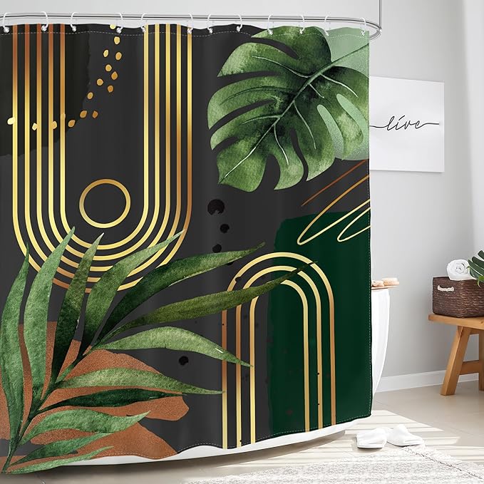 Glawry Dark Green Boho Shower Curtain Abstract Retro Mid Century Bathroom Minimalist Tropical Modern 72Wx72L Inches Bath Accessories Art Home Decor Fabric 12 Pack Hook