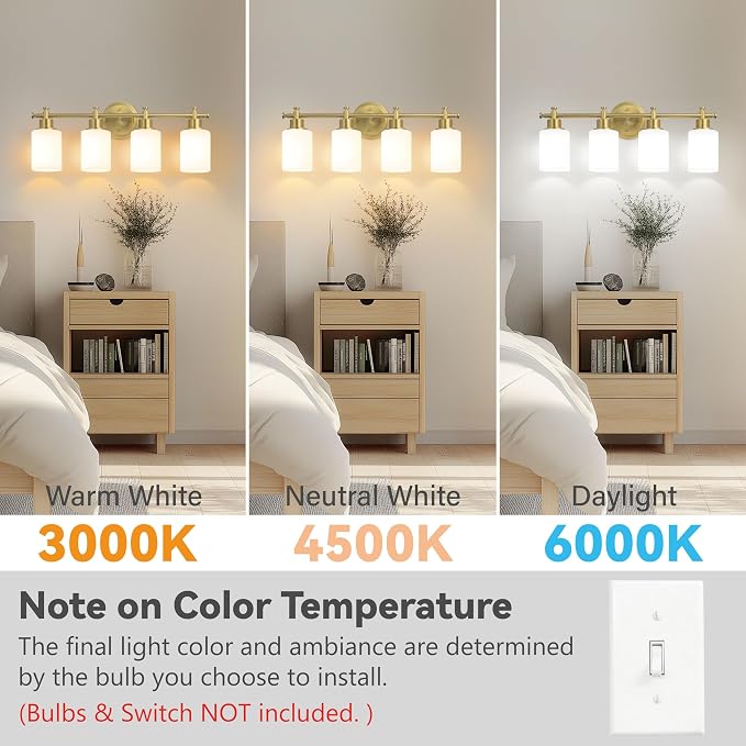 4-Light Brushed Gold Bathroom Vanity Light, Modern Vanity Lights, 23 Inch | 23'' Vanity Light Over Mirror with White Glass Shades, E26 Base Bathroom Wall Light Fixtures for Bathroom Hallway Living Room