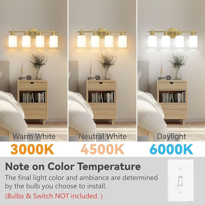 4-Light Brushed Gold Bathroom Vanity Light, Modern Vanity Lights, 23 Inch | 23'' Vanity Light Over Mirror with White Glass Shades, E26 Base Bathroom Wall Light Fixtures for Bathroom Hallway Living Room