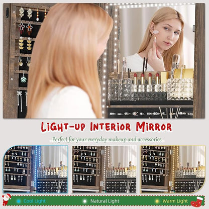 NUNU LAB LED Mirror Jewelry Cabinet Standing, Jewelry Armoire with Full Length Mirror, 360° Swivel Jewelry Cabine with Adjustable LED Lights, Lockable Jewelry Organizer Storage, Brown