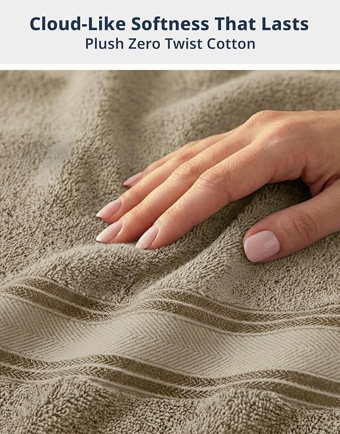 LANE LINEN Bathroom Towel Set 4 Piece Soft Absorbent Quick Dry - Taupe | Cotton Towel Set - Coordinated Colors, Dobby Border Accent, OEKO-TEX Certified, Zero-Twist Durability, Zero-Twist Cotton