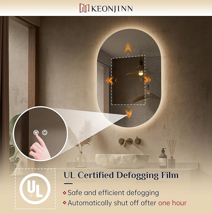 Keonjinn 20 x 32 Inch Oval LED Mirror with Backlight, Pill-Shaped Backlit Mirror Bathroom with HD Tempered Glass, UL-Listed LED Driver, 3 Color Lights, Safe Defogging, Dimmable, Decorative Mirrors