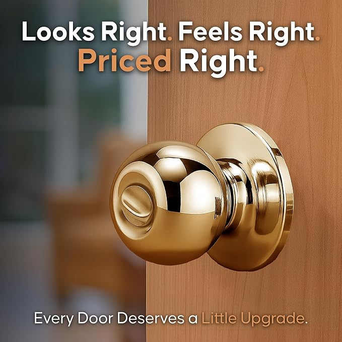 Copper Creek Privacy Interior Door Knob – ANSI Grade-3 Certified, Modern Heavy Duty Handle, Easy Install and Reversible for Bedroom, Bathroom & Closets – Polished Brass (1 Pack)