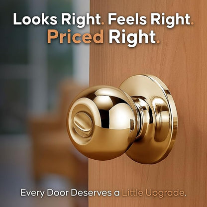 Copper Creek Privacy Interior Door Knob – ANSI Grade-3 Certified, Modern Heavy Duty Handle, Easy Install and Reversible for Bedroom, Bathroom & Closets – Polished Brass (1 Pack)