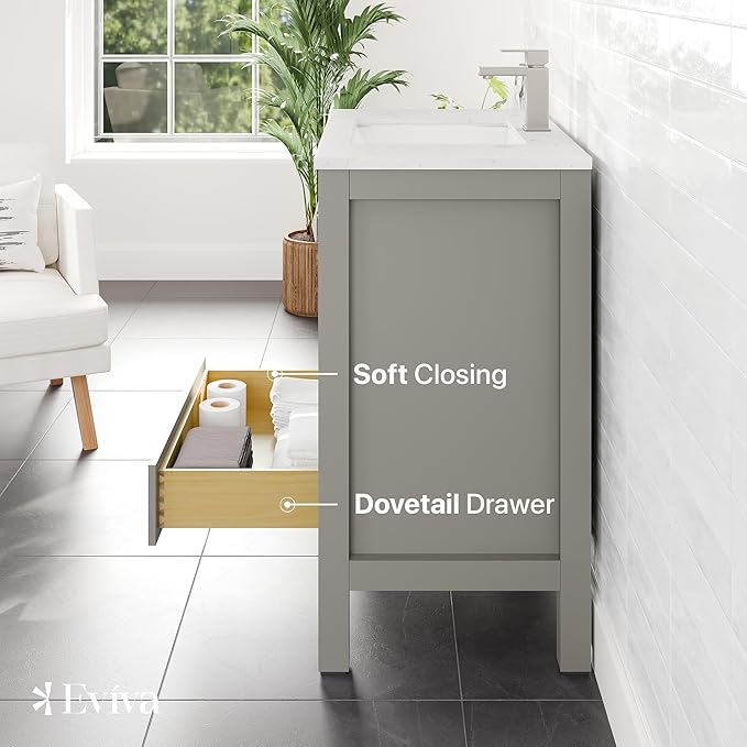 Eviva London 30 Inch Gray Bathroom Vanity - Stylish Single Sink Vanity with Undermount Porcelain Sink & Cabinet for Optimal Storage