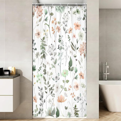 Stall Small Narrow Green Pink Floral Cute Boho Bathroom Shower Curtain Set | 36"W x 72"H Wildflower Watercolor; waterproof HD print, quick-dry fabric and plastic hooks for easy setup.