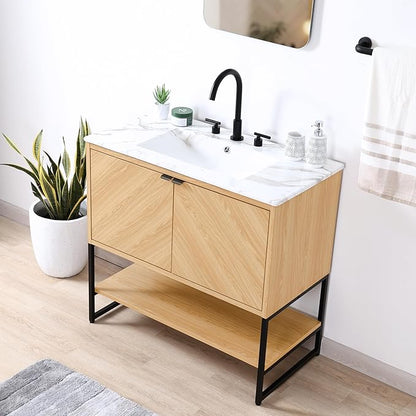 JONATHAN Y VAN1015A Juhl 35 in. W x 18 in. D x 33 in. H Chevron-Front Modern Minimalist 2-Shelf Bathroom Vanity Cabinet Only with Soft Closing Doors (Sink Basin Not Included), Oak