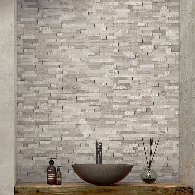 SUNWINGS 5-Sheet Peel and Stick Mosaic Natural 3D Stone Self Adhesive Marble Tiles, 11.5" x 10.7" Stick on Backsplash for Kitchen Bathroom Fireplace Vanity, Mixed Tan