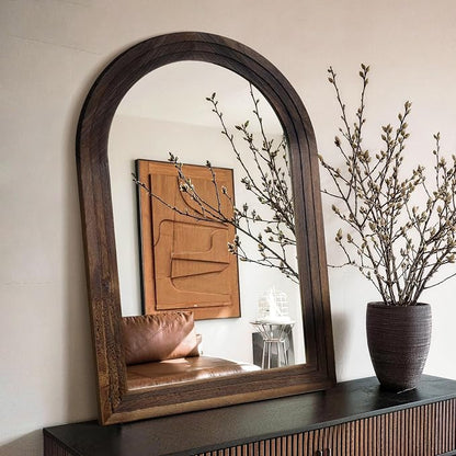 Arched Bathroom Mirror, 40"x28" Brown Wood Frame Wall Mirror | Farmhouse Vintage Vanity Mirror with Layered Frame for Entryway, Living Room, Bedroom