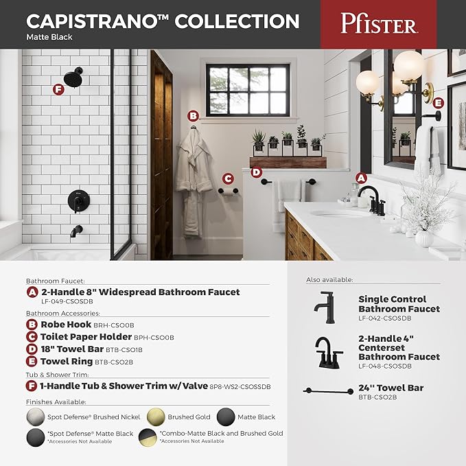Pfister Capistrano Bathroom Sink Faucet, 4-Inch Centerset, 2-Handle, 3-Hole, NSF Certified, Spot Defense Matte Black Finish, LF048CSOSDB