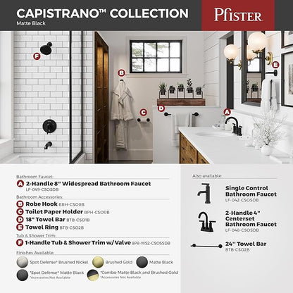 Pfister Capistrano Bathroom Sink Faucet, 4-Inch Centerset, 2-Handle, 3-Hole, NSF Certified, Spot Defense Matte Black Finish, LF048CSOSDB