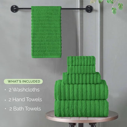 Elegant Comfort 100% Turkish Cotton Corduroy Ribbed Luxury Bath Towels 6-Piece Set, Premium Feel - Quick Dry, Highly Absorbent, Contains 2 Bath Towels, 2 Hand Towels, and 2 Washcloths, Emerald Green