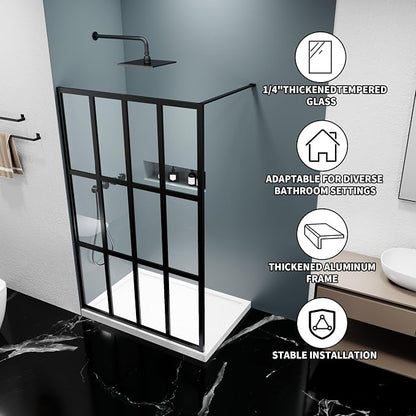 46x72 Matte Black Walk-In Shower Screen, 1/4" Tempered Glass with Frame | Metal Finish Grid Pattern, Aluminum Alloy Frame, Stainless Steel System, Reversible Installation, Easy to Assemble, No Base
