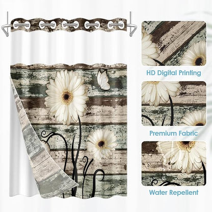 No Hook Shower Curtain with Snap in Liner 71x86 Inch Wood Flower | Vintage Daisy Boards Modern Double Layers Waterproof Fabric with See Through Top Window Open Grommet Bath Curtain