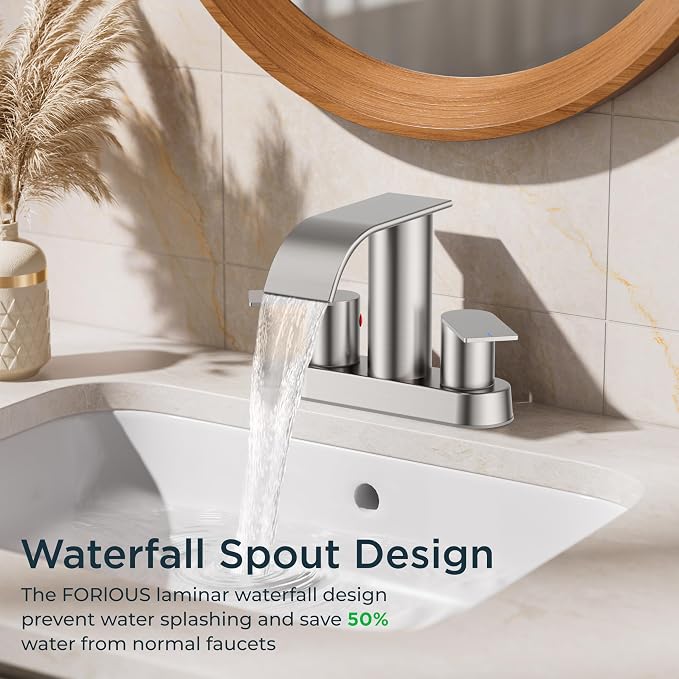 FORIOUS Bathroom Faucet 4 Inch Centerset Two Handles 2 Pack Brushed Nickel | Waterfall Bathroom Sink Faucet 2 or 3 Hole with Pop up Drain and 24" cUPC Hose, Suitable for RV Vanity Lavatory and Restroom