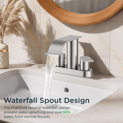 FORIOUS Bathroom Faucet 4 Inch Centerset Two Handles 2 Pack Brushed Nickel | Waterfall Bathroom Sink Faucet 2 or 3 Hole with Pop up Drain and 24" cUPC Hose, Suitable for RV Vanity Lavatory and Restroom