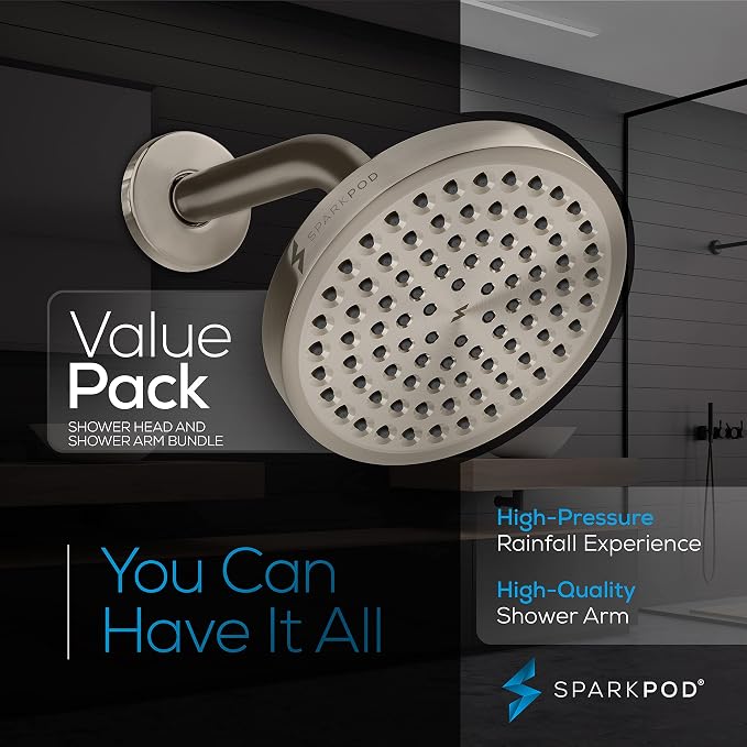 SparkPod 6" Rain Shower Head High Pressure w/ 6" Shower Arm, Brushed Nickel | High Pressure Shower Heads, 90 Nozzles, Adjustable Showerhead, No Tools Needed, Universal Connection, Gain Space & Style