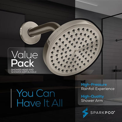 SparkPod 6" Rain Shower Head High Pressure w/ 6" Shower Arm, Brushed Nickel | High Pressure Shower Heads, 90 Nozzles, Adjustable Showerhead, No Tools Needed, Universal Connection, Gain Space & Style